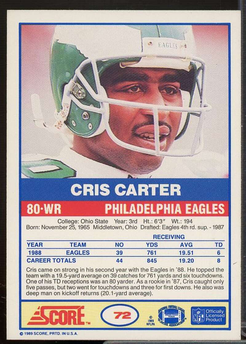 Cris Carter Rookie Card 1989 Score #72  Image 2