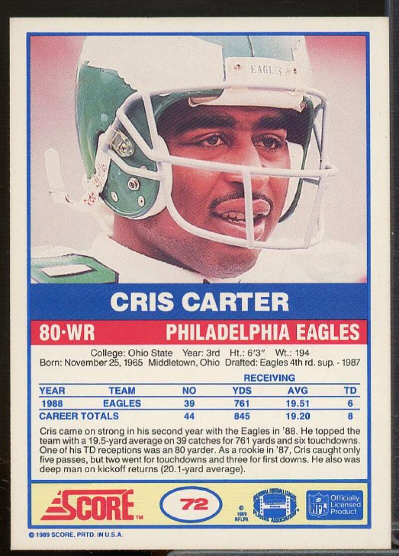 Cris Carter Rookie Card 1989 Score #72  Image 2