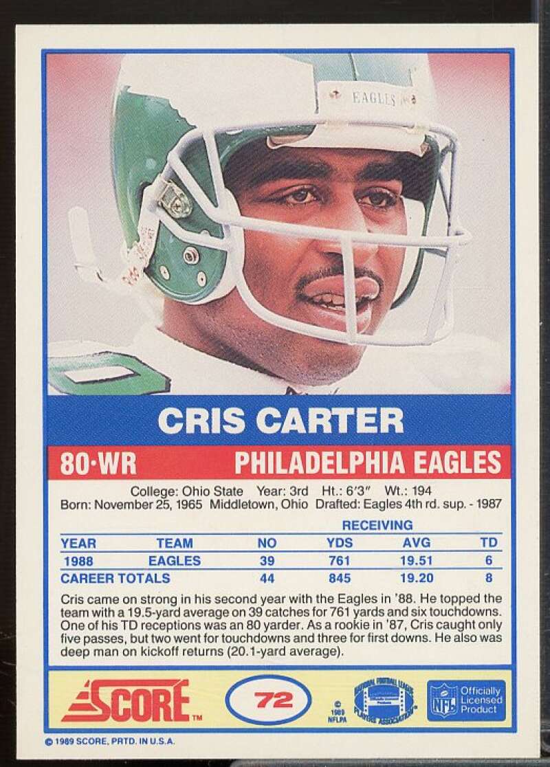 Cris Carter Rookie Card 1989 Score #72  Image 2