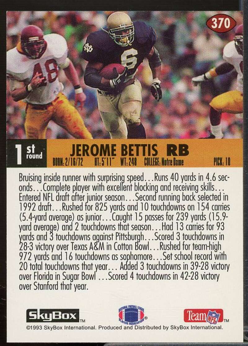 Jerome Bettis Rookie Card 1993 SkyBox Impact #370  Image 2