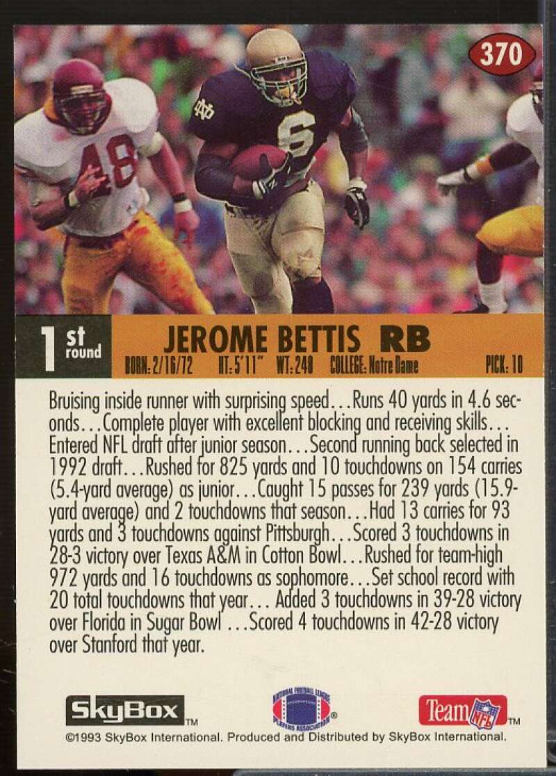 Jerome Bettis Rookie Card 1993 SkyBox Impact Colors #370  Image 2