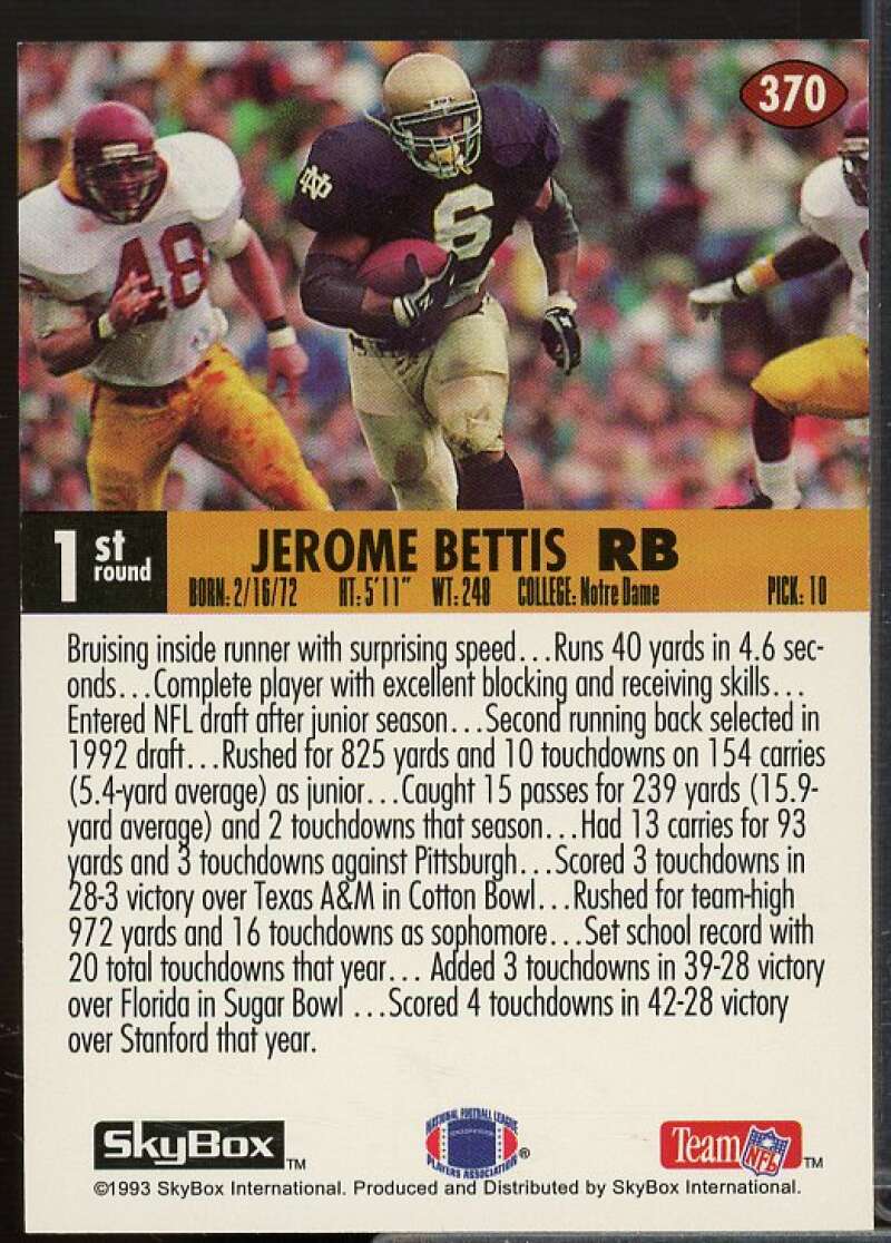 Jerome Bettis Rookie Card 1993 SkyBox Impact Colors #370  Image 2