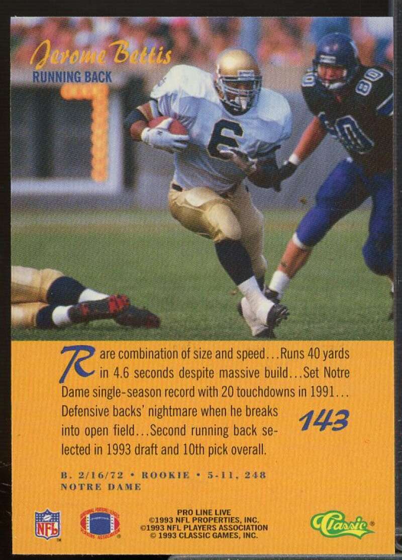 Jerome Bettis Rookie Card 1993 Pro Line Live #143  Image 2