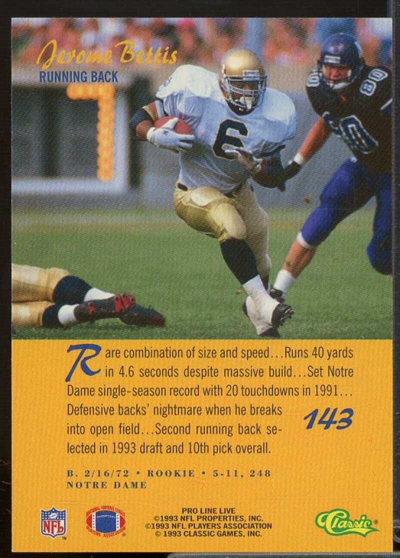 Jerome Bettis Rookie Card 1993 Pro Line Live #143  Image 2