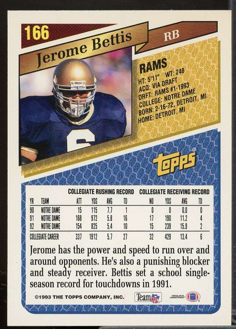 Jerome Bettis Rookie Card 1993 Topps #166  Image 2