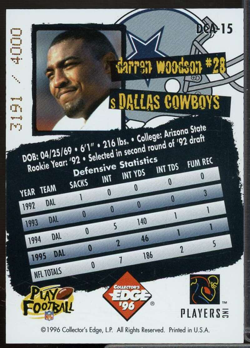 Darren Woodson Card 1996 Collector's Edge Cowboybilia Autographs #DCA15  Image 2