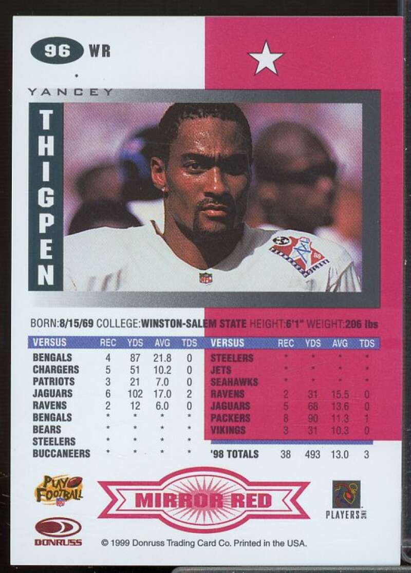 Yancey Thigpen Card 1999 Leaf Certified Mirror Red #96  Image 2