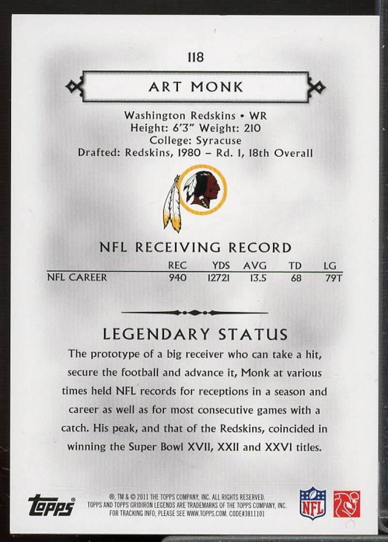 Art Monk Card 2011 Topps Legends Orange #118  Image 2