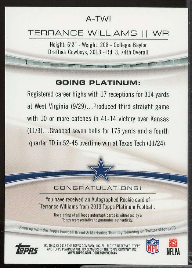 Terrance Williams 2013 Topps Platinum Rookie Autographs Blue Refractors #ATW  Image 2