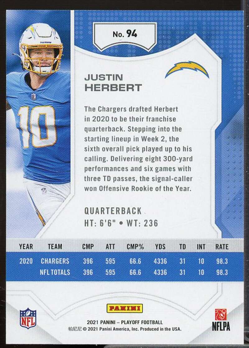 Justin Herbert Card 2021 Playoff 1st Down #94  Image 2