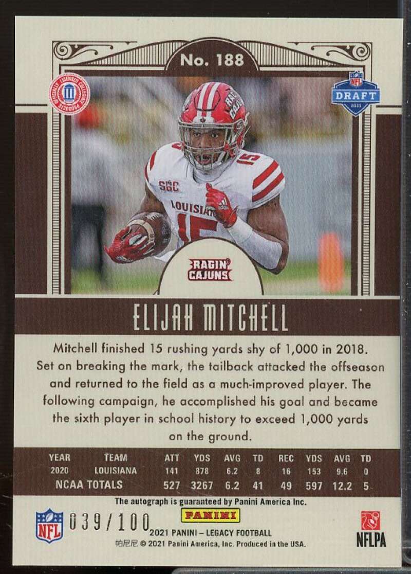 Elijah Mitchell Rookie 2021 Panini Legacy Rookie Premium Penmanship Bronze #188  Image 2