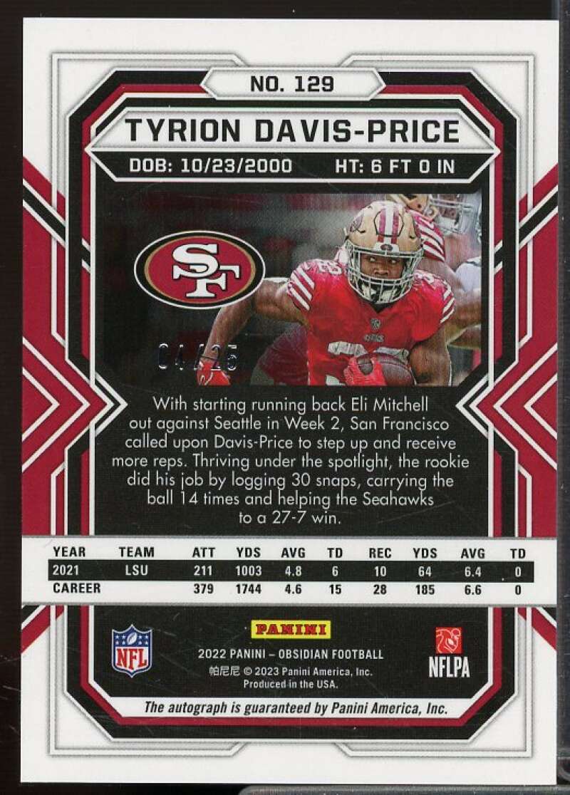 Tyrion Davis-Price 2022 Obsidian Rookie Autographs Electric Etch Yellow #129  Image 2