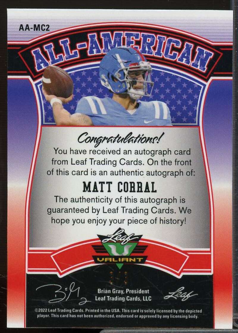 Matt Corral Rookie Card 2022 Leaf Valiant All American Black #AAMC2  Image 2