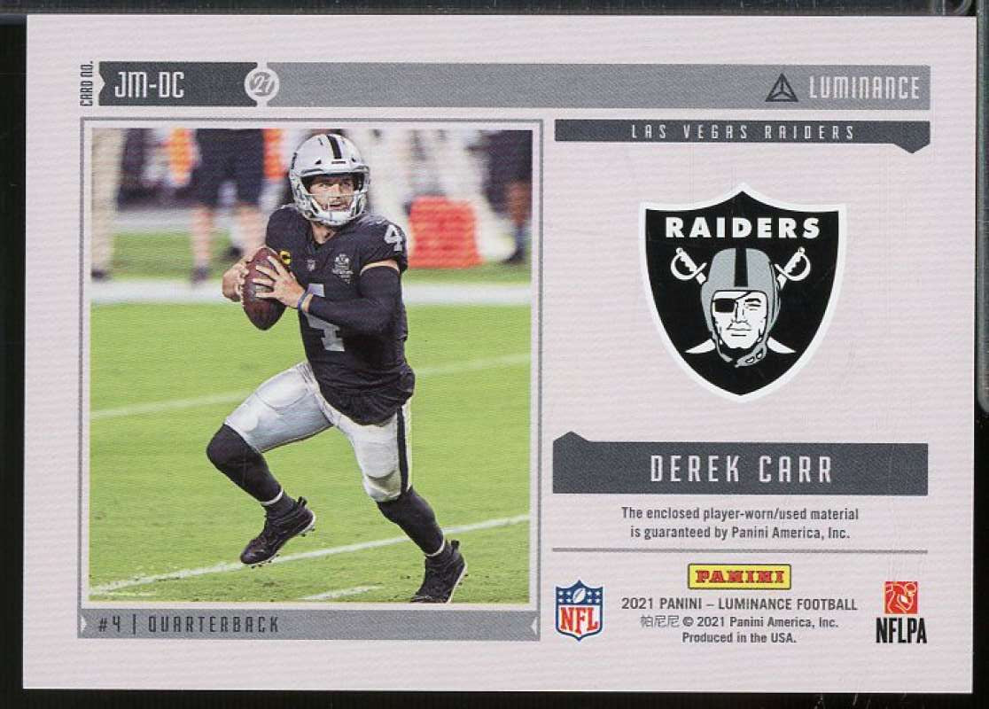 Derek Carr Card 2021 Panini Luminance Jumbo Materials #9  Image 2