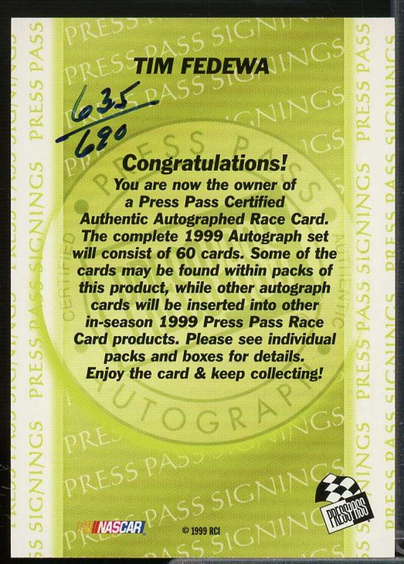 Tim Fedewa Card 1999 Press Pass Signings #16  Image 2