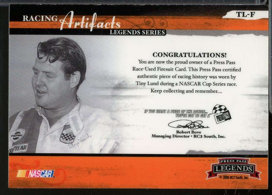 Tiny Lund Card 2006 Press Pass Legends Racing Artifacts Firesuit Silver #TLF  Image 2