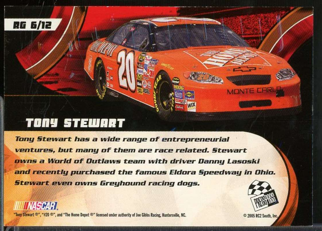 Tony Stewart Card 2005 Press Pass Trackside Runnin n' Gunnin #RG6  Image 2