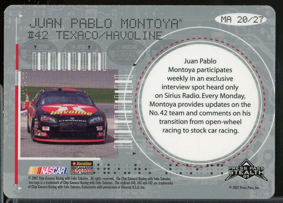 Juan Pablo Montoya Card 2007 Press Pass Stealth Maximum Access #MA20  Image 2