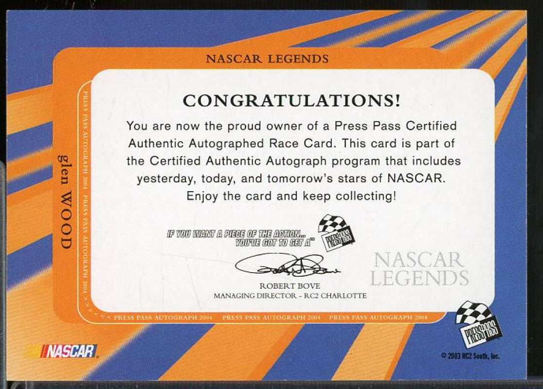 Glen Wood Card 2003 Press Pass NASCAR Legends Autograph #NNO  Image 2