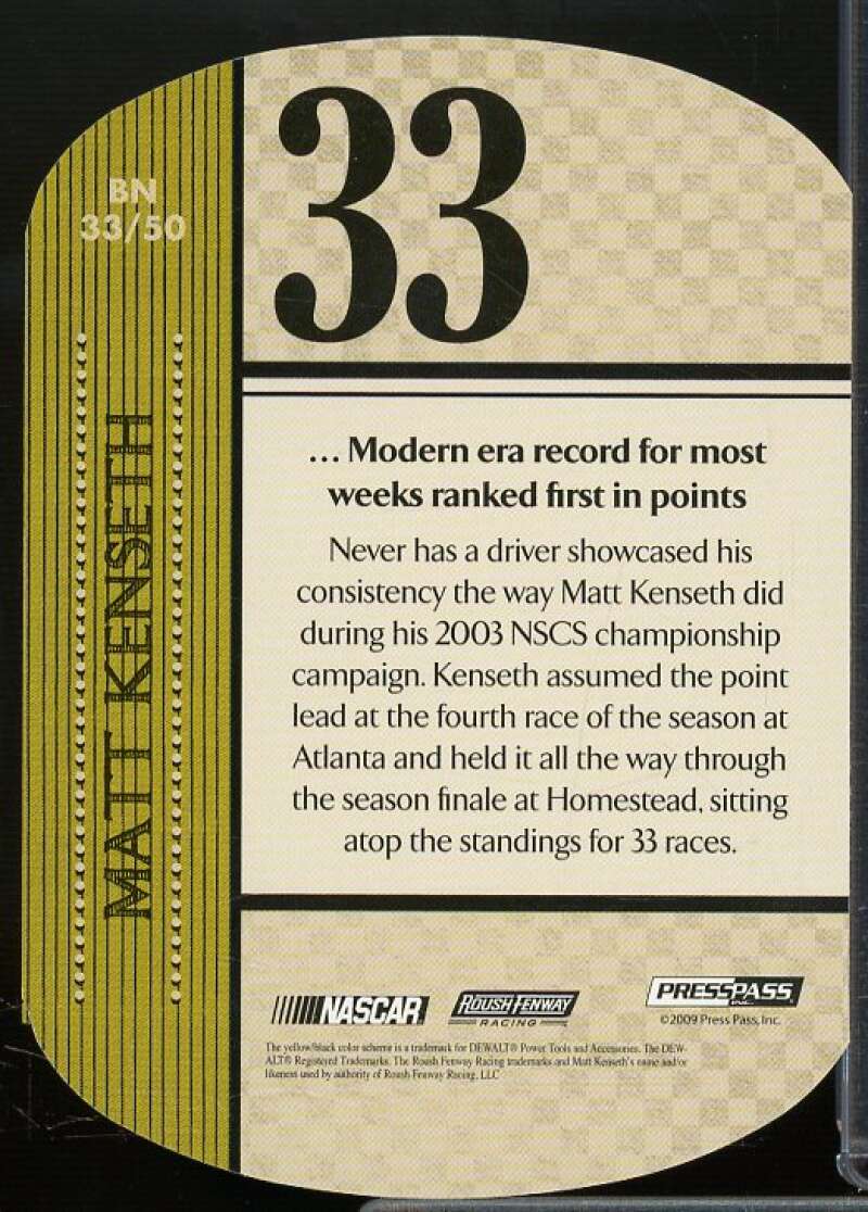 Matt Kenseth Card 2010 Press Pass By The Numbers #BN33  Image 2