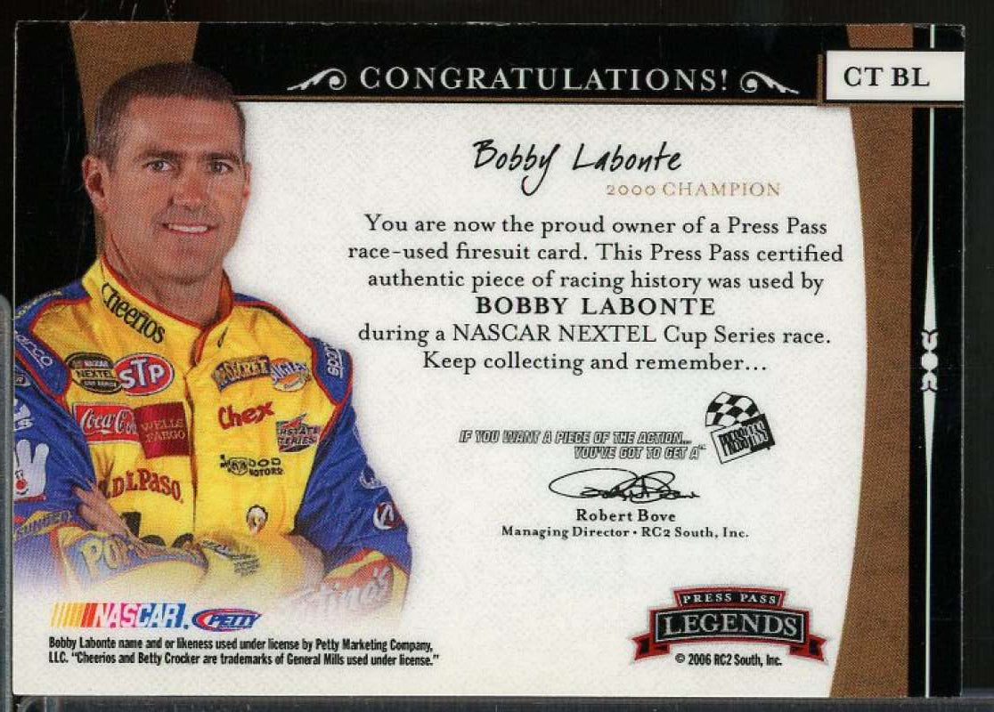 Bobby Labonte Card 2006 Press Pass Legends Champion Threads Bronze #CTBL  Image 2