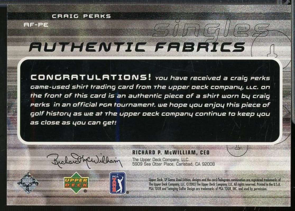 Craig Perks Card 2003 SP Game Used Authentic Fabrics Singles #PE  Image 2