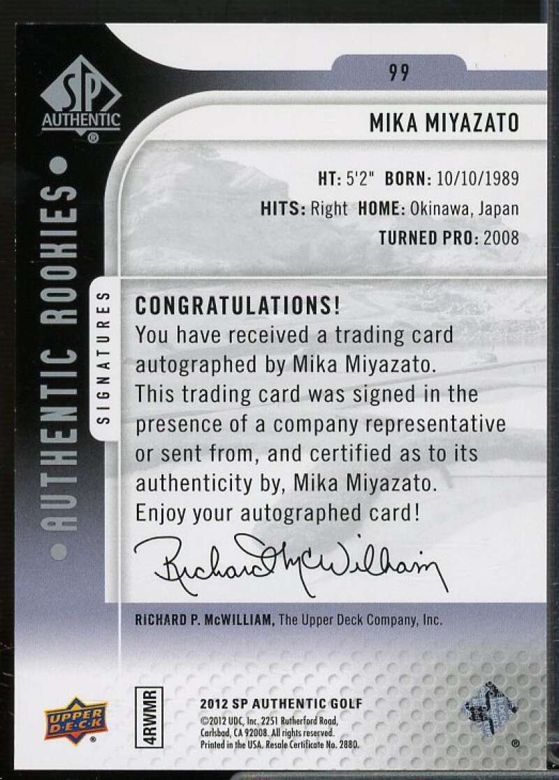 Mika Miyazato AU/699 RC Card 2012 SP Authentic #99  Image 2