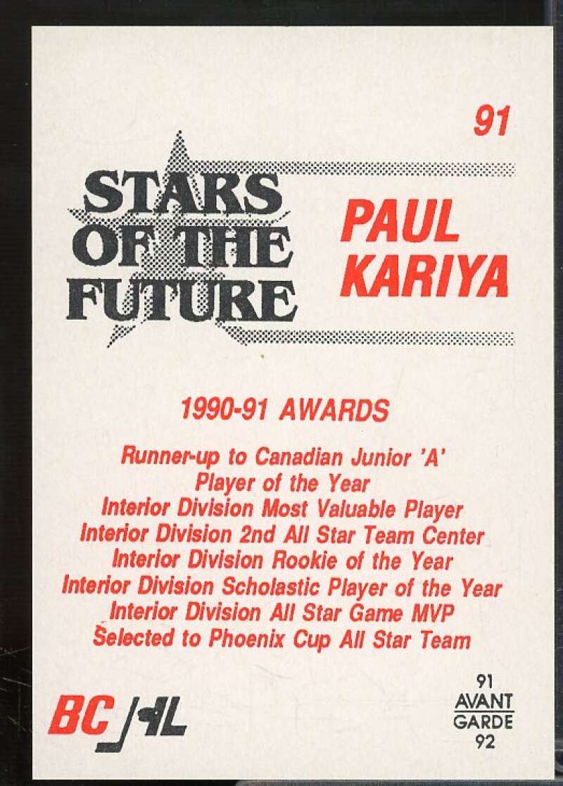 Paul Kariya/Skating with stick Card 1991-92 British Columbia JHL #91  Image 2