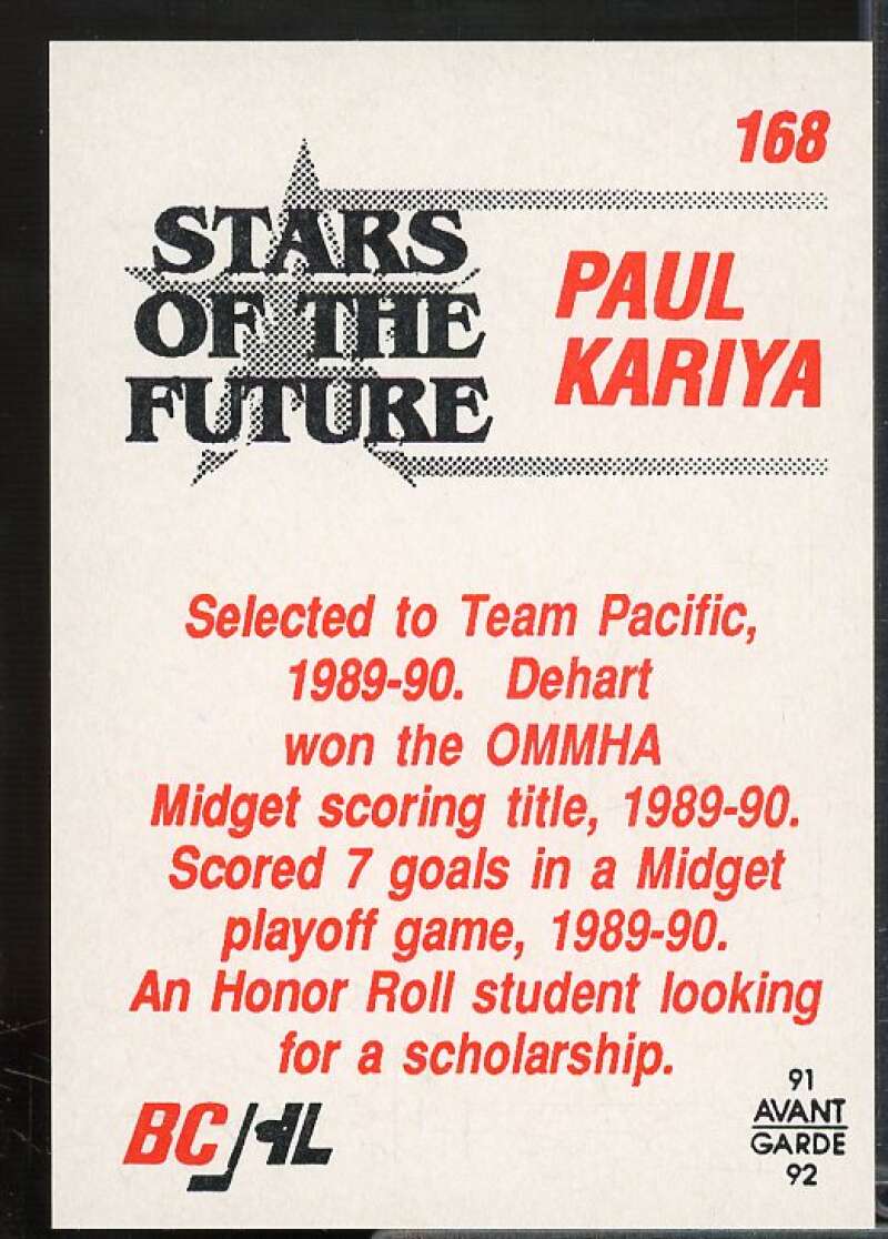 Paul Kariya Card 1991-92 British Columbia JHL #168  Image 2