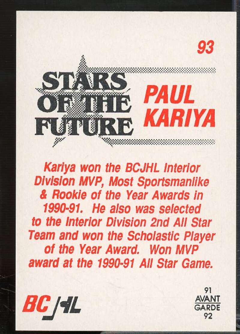 Paul Kariya/Passing Card 1991-92 British Columbia JHL #93  Image 2