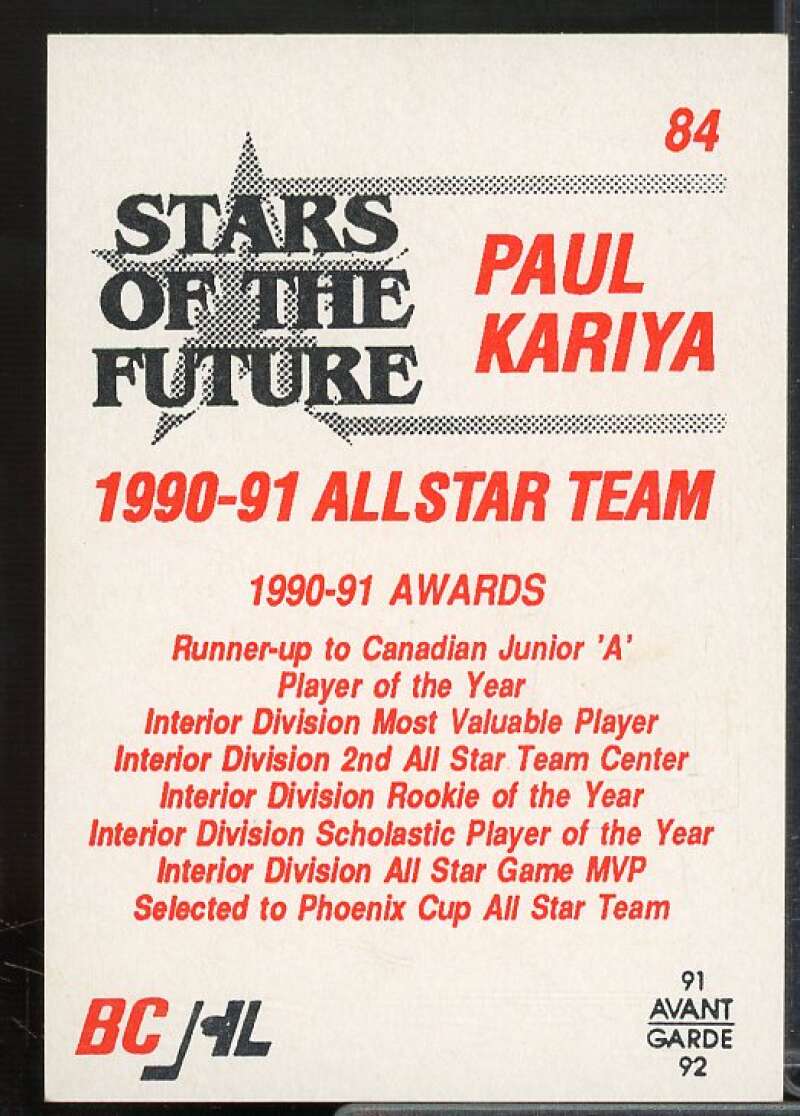 Paul Kariya/1990-91 AS Card 1991-92 British Columbia JHL #84  Image 2