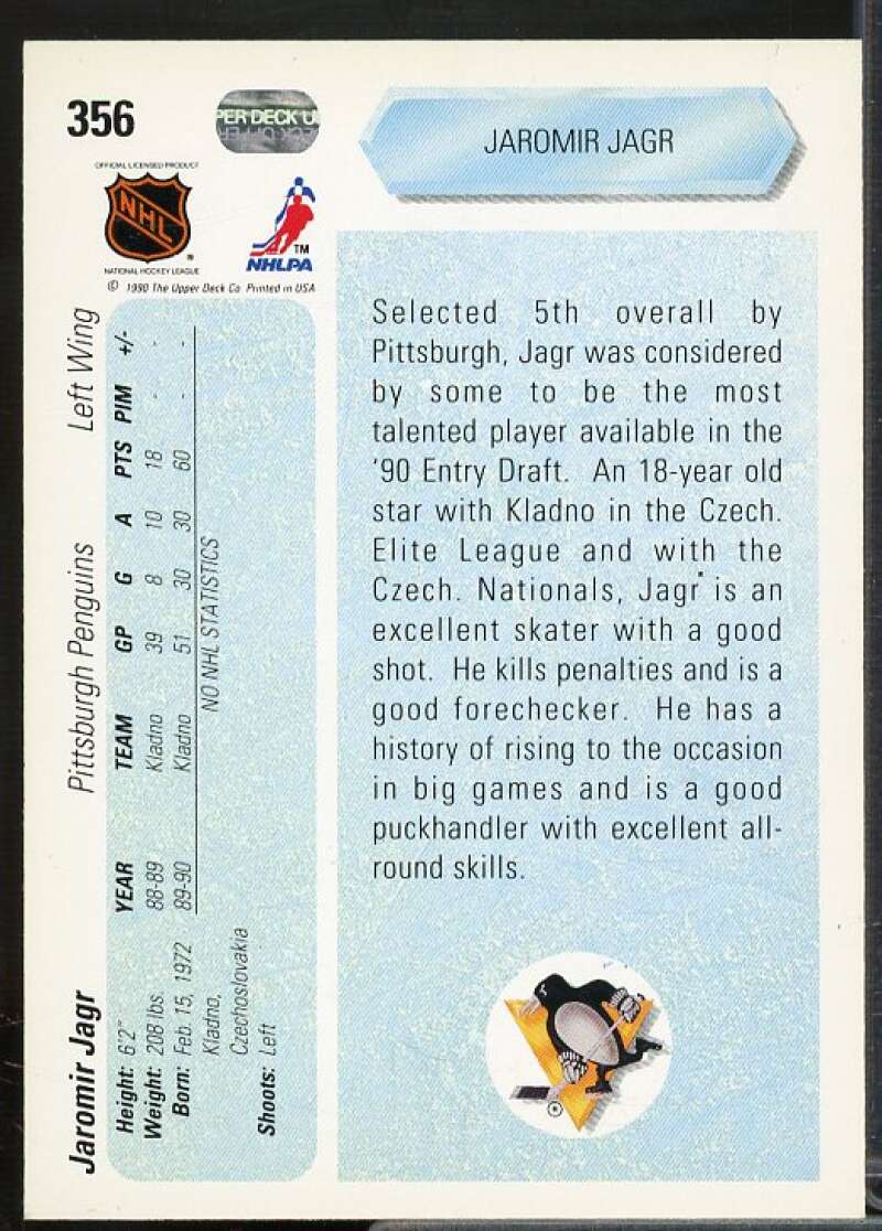 Jaromir Jagr RC Card 1990-91 Upper Deck #356  Image 2