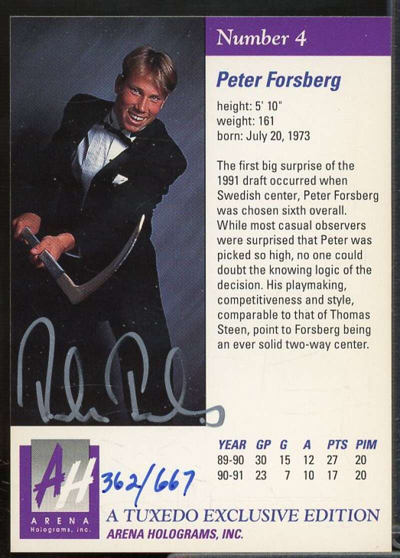 Peter Forsberg UER Card 1991 Arena Draft Picks Autographs #4  Image 2