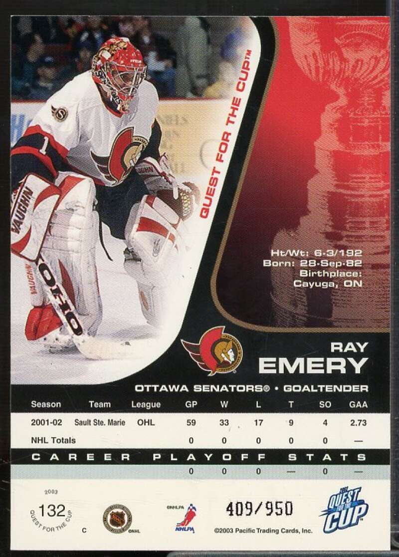 Ray Emery RC Card 2002-03 Pacific Quest For the Cup #132  Image 2