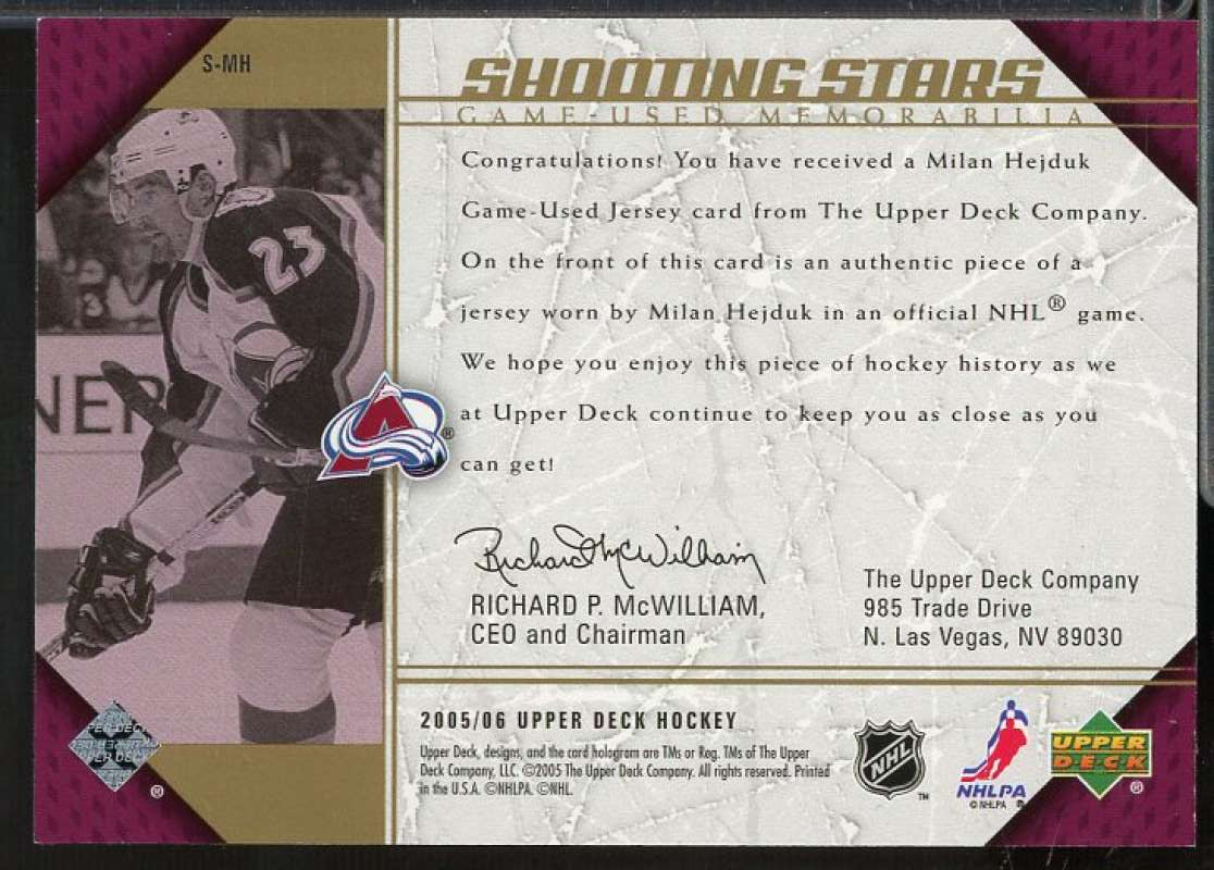 Milan Hejduk Card 2005-06 Upper Deck Shooting Stars Jerseys #SMH  Image 2