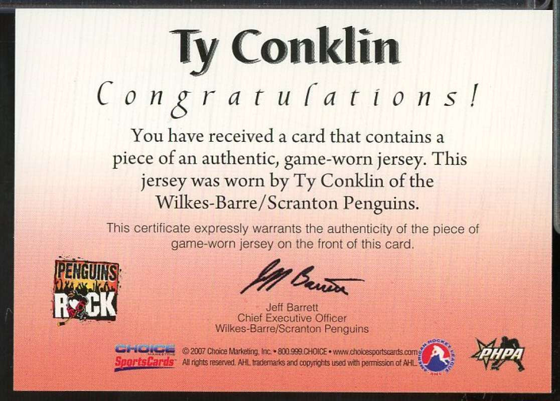 Ty Conklin Card 2007-08 Wilkes-Barre Scranton Penguins Jersey Edition #19  Image 2