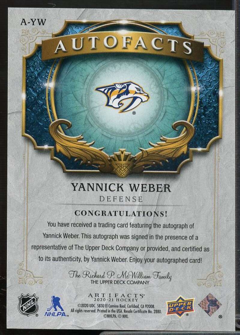 Yannick Weber C Card 2020-21 Artifacts Autofacts #AYW  Image 2