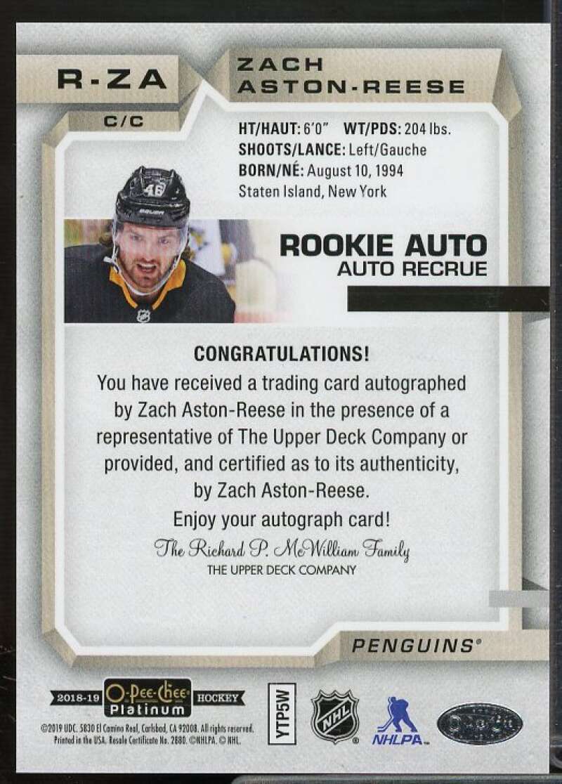 Zach Aston-Reese E Card 2018-19 O-Pee-Chee Platinum Rookie Autographs #RZA  Image 2