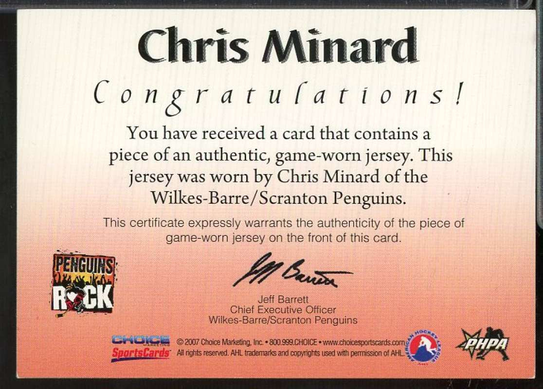 Chris Minard Card 2007-08 Wilkes-Barre Scranton Penguins Jersey Edition #10  Image 2