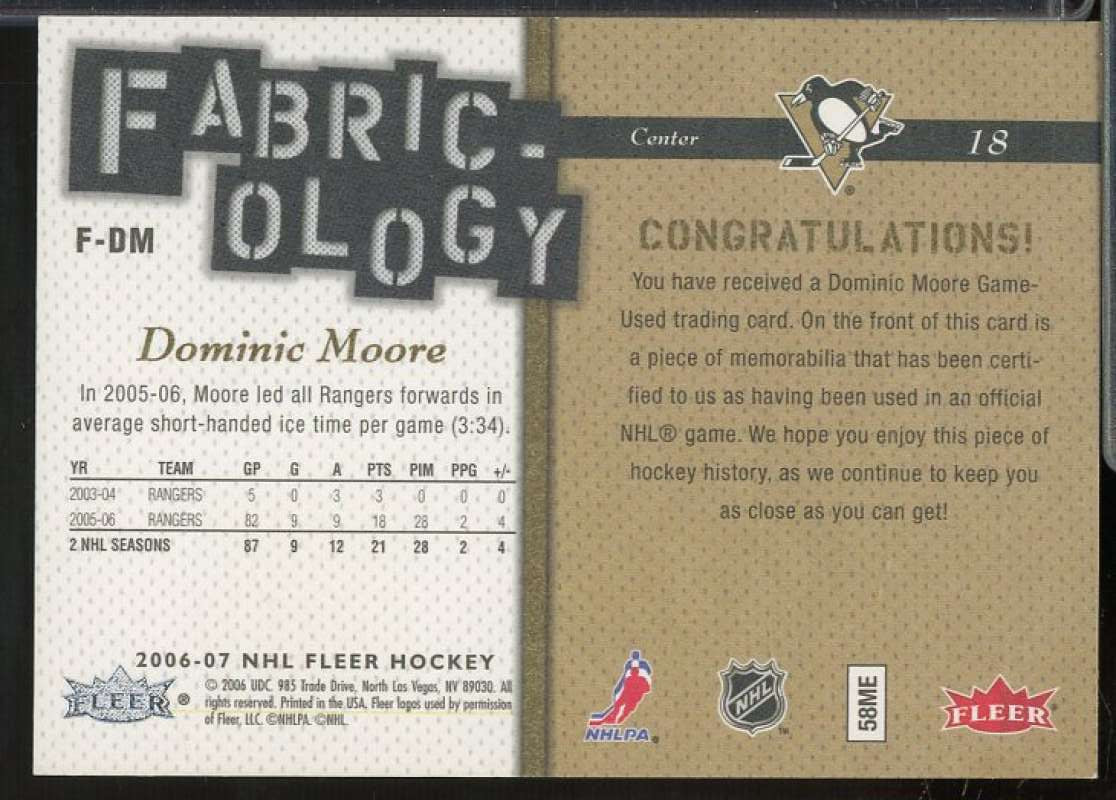 Dominic Moore Card 2006-07 Fleer Fabricology #FDM  Image 2