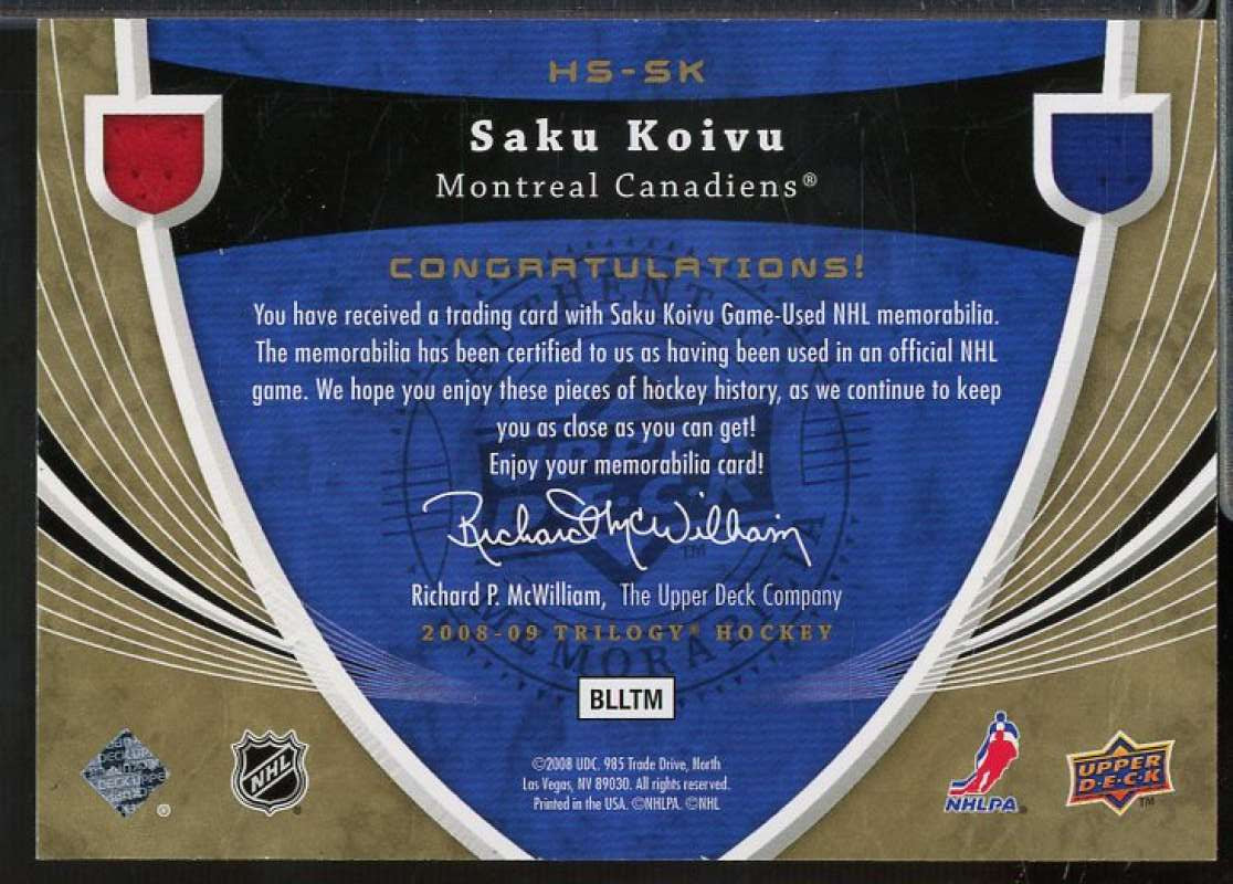 Saku Koivu Card 2008-09 Upper Deck Trilogy Honorary Swatches #HSSK  Image 2