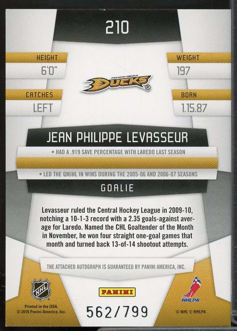 Jean-Philippe Levasseur AU Rookie Card 2010-11 Certified #210  Image 2