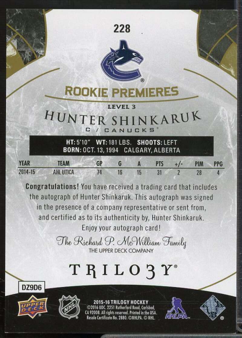 Hunter Shinkaruk AU/49/Issued in SPx Card 2015-16 Upper Deck Trilogy #228  Image 2