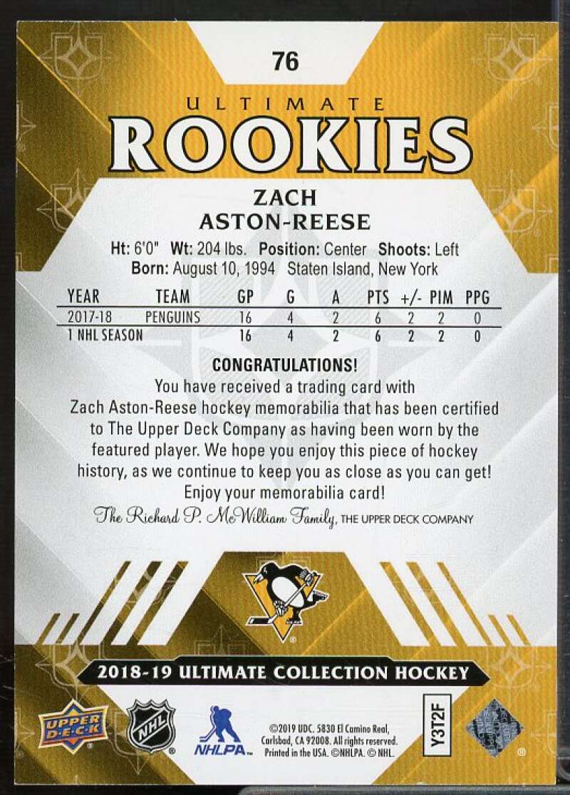 Zach Aston-Reese Card 2018-19 Ultimate Collection Jerseys #76  Image 2