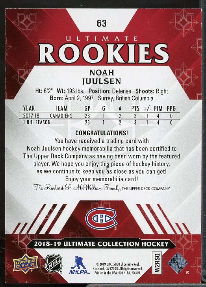 Noah Juulsen Card 2018-19 Ultimate Collection Jerseys #63  Image 2