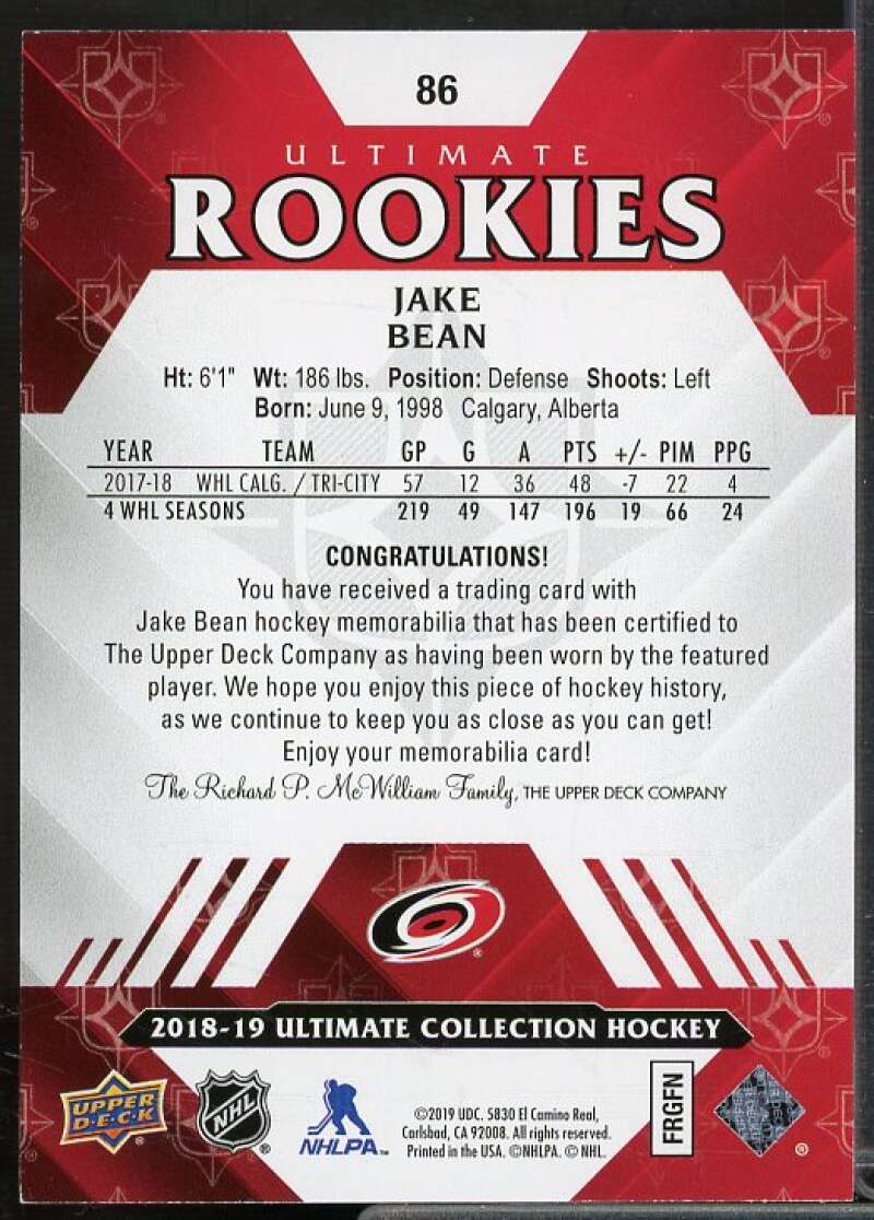 Jake Bean Card 2018-19 Ultimate Collection Jerseys #86  Image 2