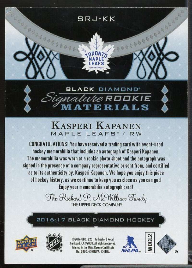 Kasperi Kapanen 2016-17 Black Diamond Signature Rookie Materials Jersey #SRJKK  Image 2