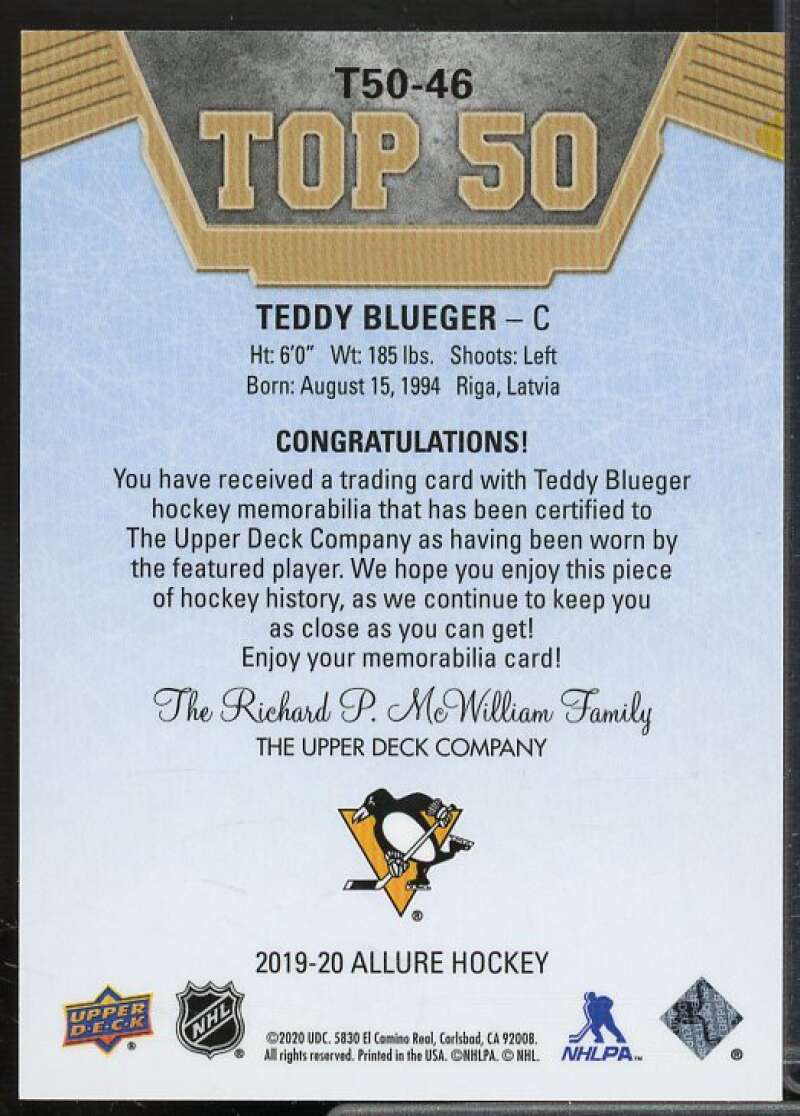 Teddy Blueger C Card 2019-20 Upper Deck Allure Top 50 Jerseys #T5046  Image 2