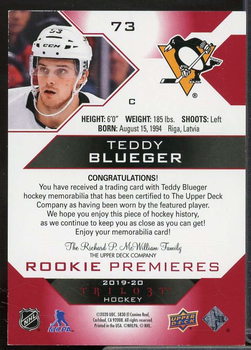 Teddy Blueger JSY Card 2019-20 Upper Deck Trilogy Red #73  Image 2