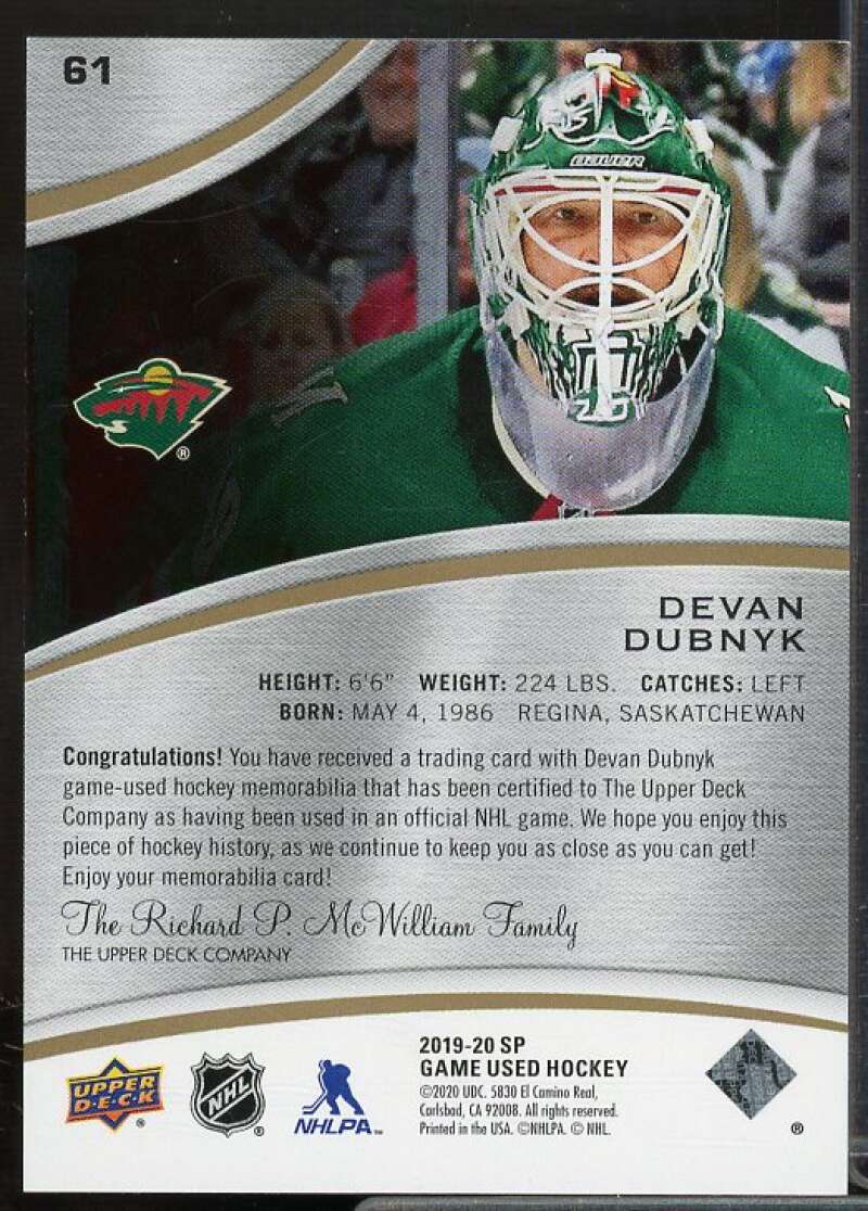 Devan Dubnyk JSY B Card 2019-20 SP Game Used Gold #61  Image 2